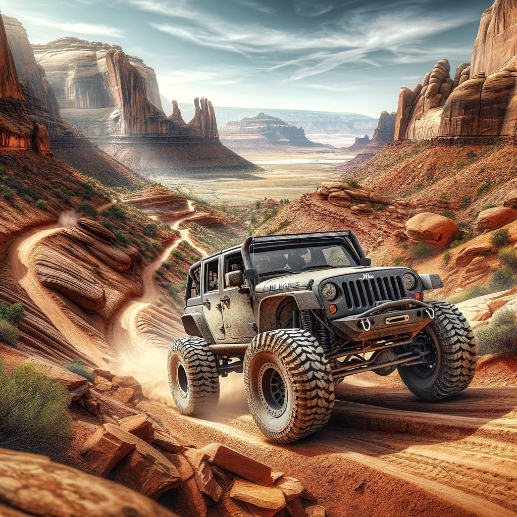 A realistic depiction of a rugged Jeep navigating the challenging terrain of Hell's Revenge Trail in Moab, Utah. The Jeep, with its large off-road tires and lifted suspension, appears dusty and robust, perfectly suited for the trail's steep inclines and rocky paths. In the background, the iconic red rock formations of Moab rise under a clear blue sky, adding to the adventurous ambiance of the scene.